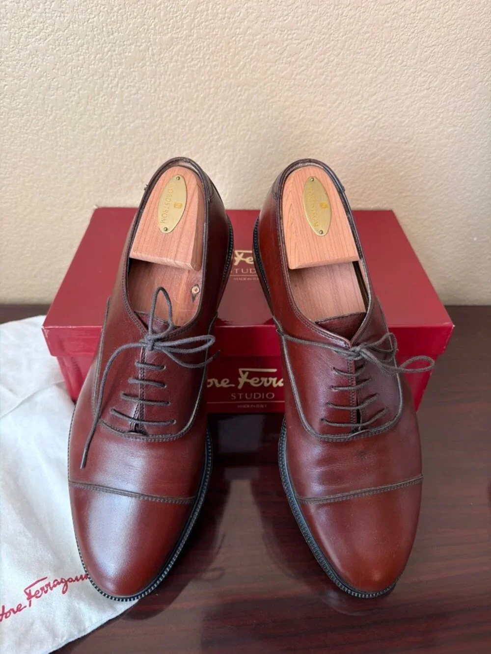 VTG Salvatore Ferragamo "Torre" Men's Tan Leather Cap Toe Oxfords Sz 10 w/Box - Picture 1 of 16